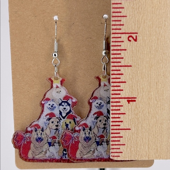 Dog Christmas Tree Dangle Earrings Acrylic 2D - Picture 2 of 2